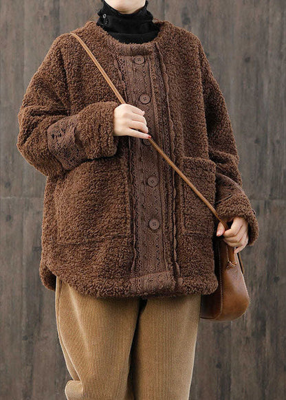 Khaki O-neck Button Fall Winter Thick Long Sleeve Coat