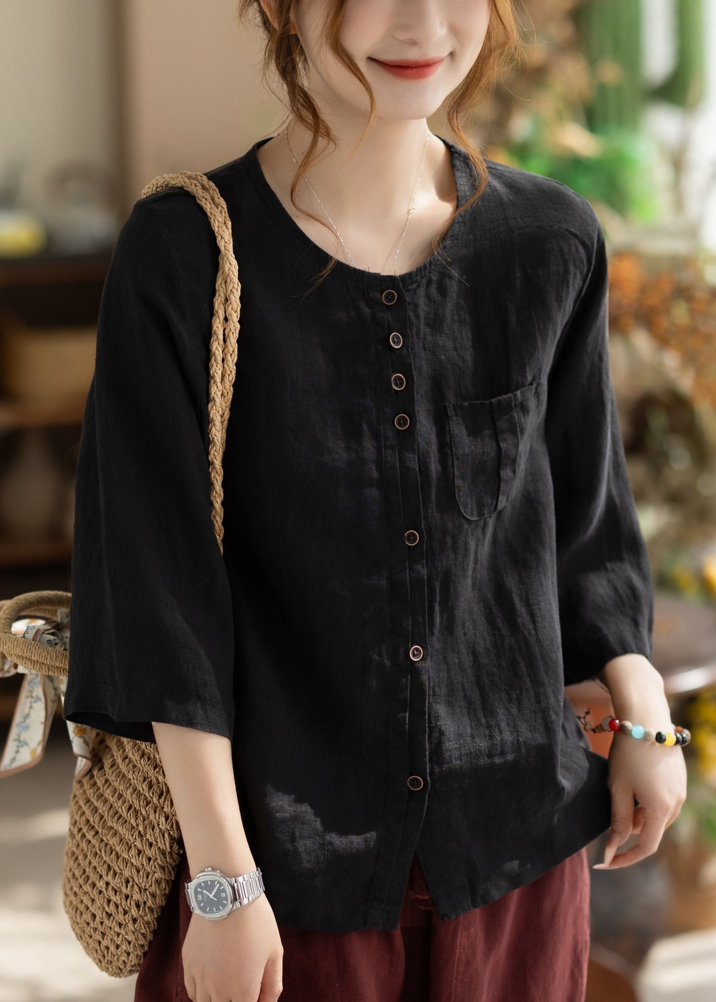 Khaki O Neck Button Pockets Linen Shirt Bracelet Sleeve