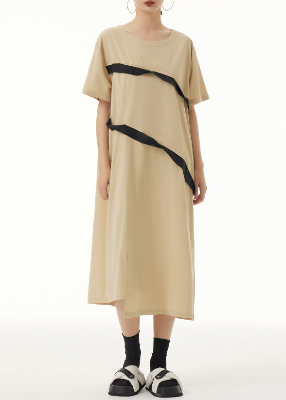 Khaki O Neck Front Open Patchwork Cotton Dresses Short Sleeve