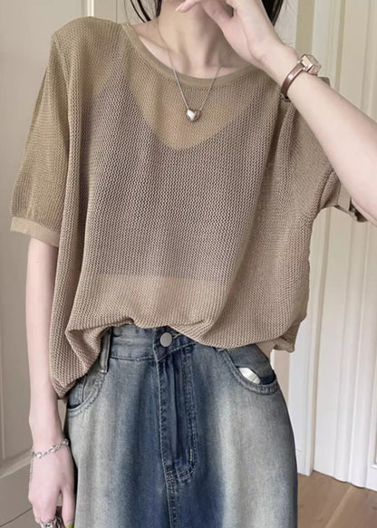 Khaki O Neck Hollow Out Knit T Shirt Summer