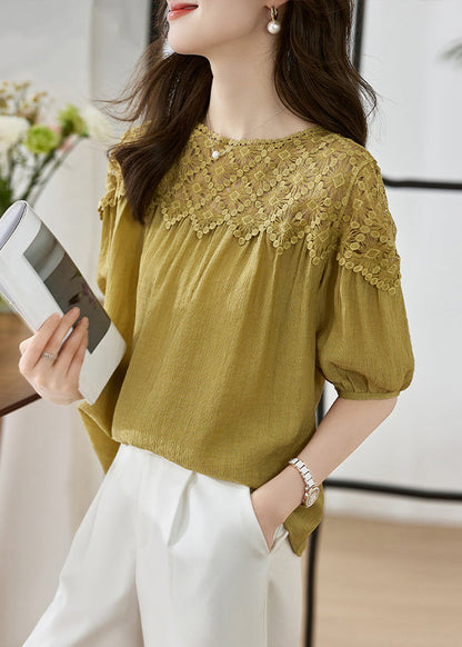 Khaki O Neck Lace Patchwork Cotton Top Lantern Sleeve