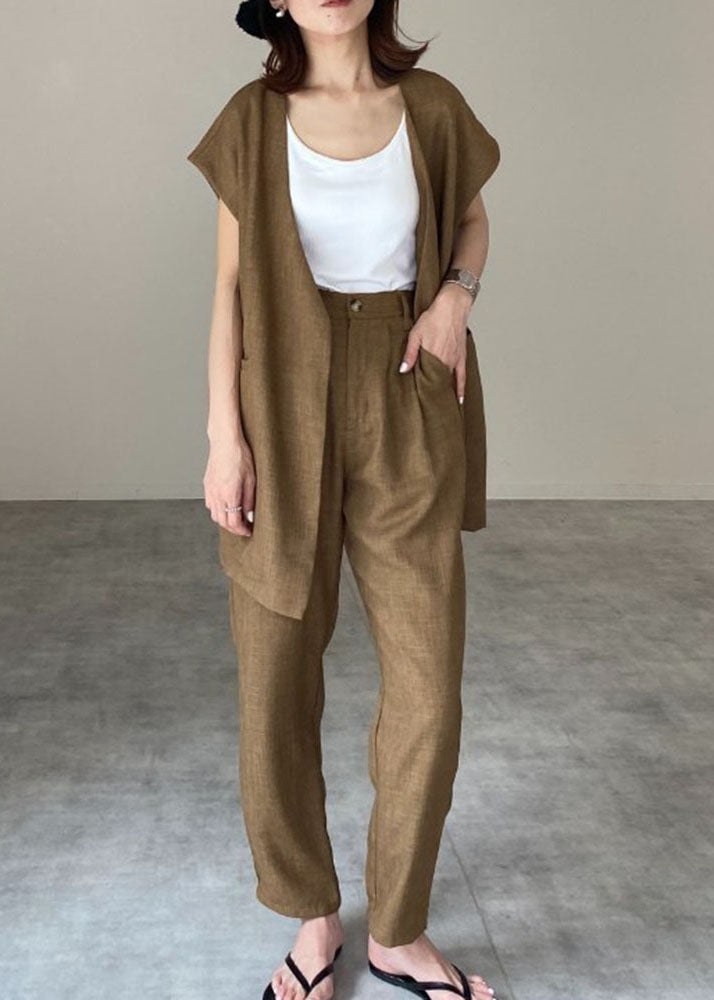 Khaki O-neck Patchwork Vest and Pants Linen Two Pieces Set Spring
