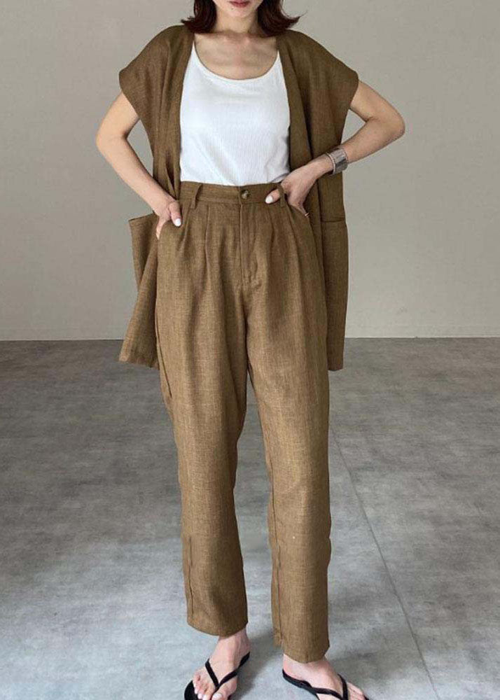Khaki O-neck Patchwork Vest and Pants Linen Two Pieces Set Spring