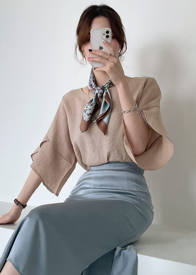 Khaki O-neck Slim Fit Linen Shirt Top Butterfly Sleeve