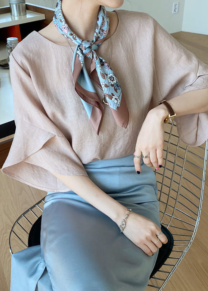 Khaki O-neck Slim Fit Linen Shirt Top Butterfly Sleeve