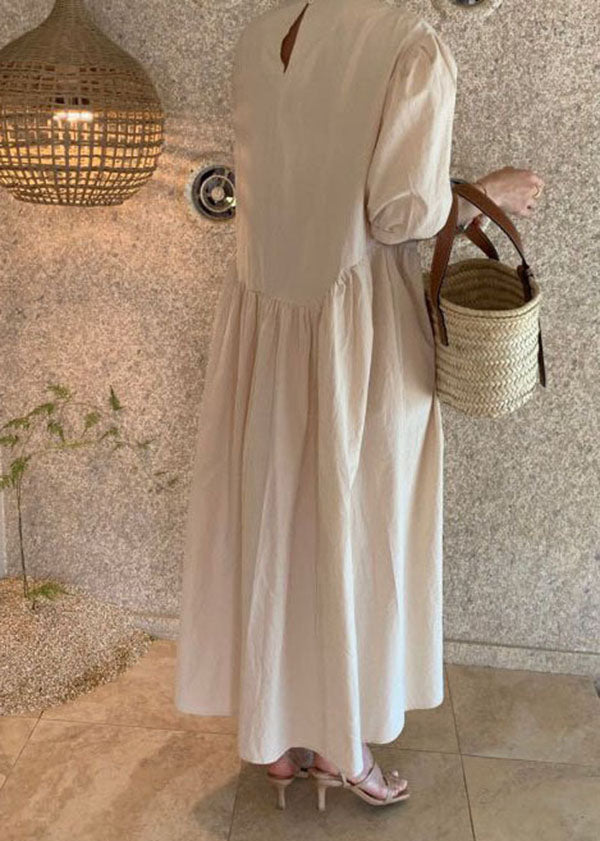 Khaki O Neck Wrinkled Patchwork Cotton Dresses Summer