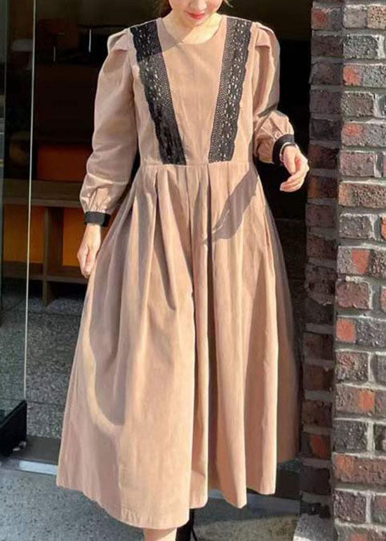 Khaki O Neck Wrinkled Patchwork Lace Cotton Dress Spring