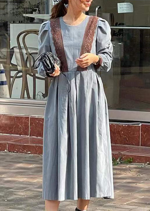 Khaki O Neck Wrinkled Patchwork Lace Cotton Dress Spring