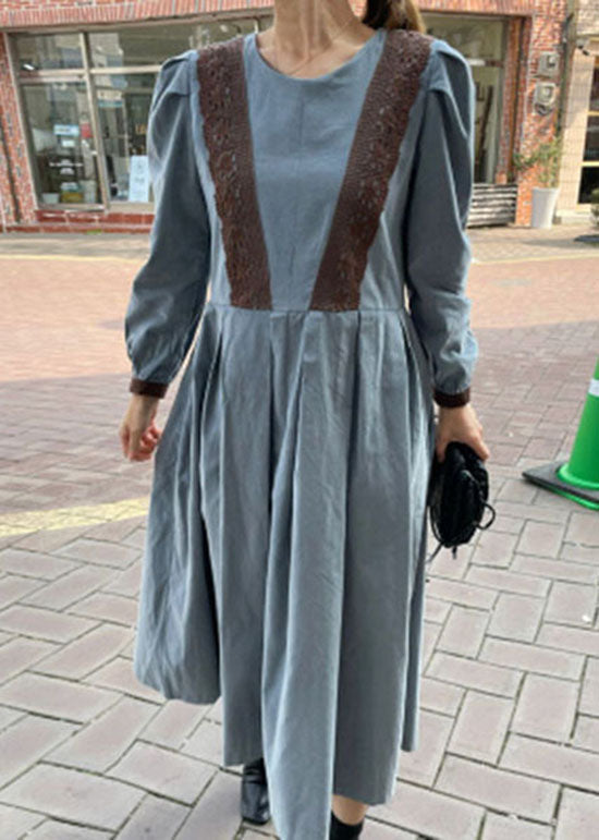 Khaki O Neck Wrinkled Patchwork Lace Cotton Dress Spring