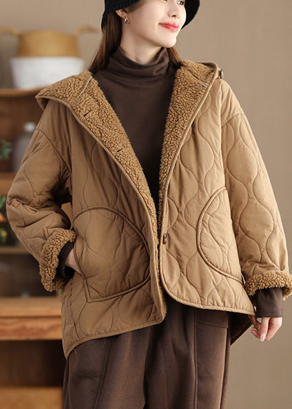 Khaki Oversized Fleece Wool Lined Hooded Jacket Spring