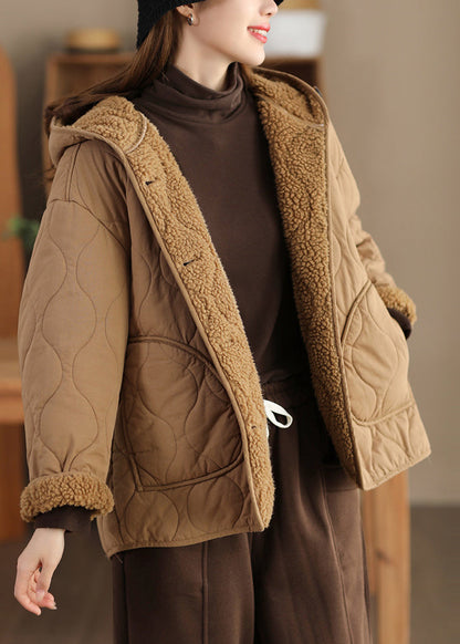Khaki Oversized Fleece Wool Lined Hooded Jacket Spring