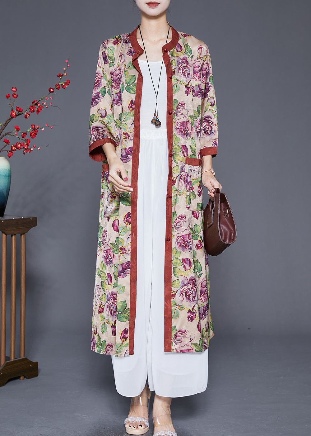 Khaki Oversized Print Silk Trench Bracelet Sleeve