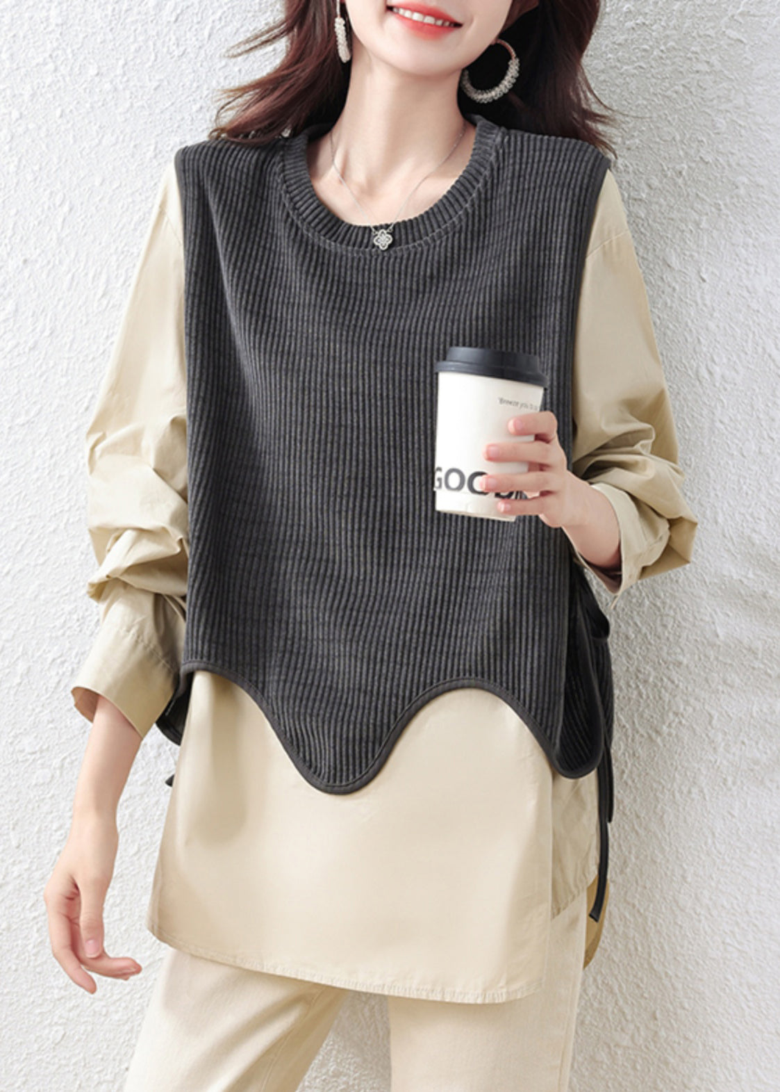 Women Khaki Oversized Patchwork Cotton Fake Two Piece Tops Fall