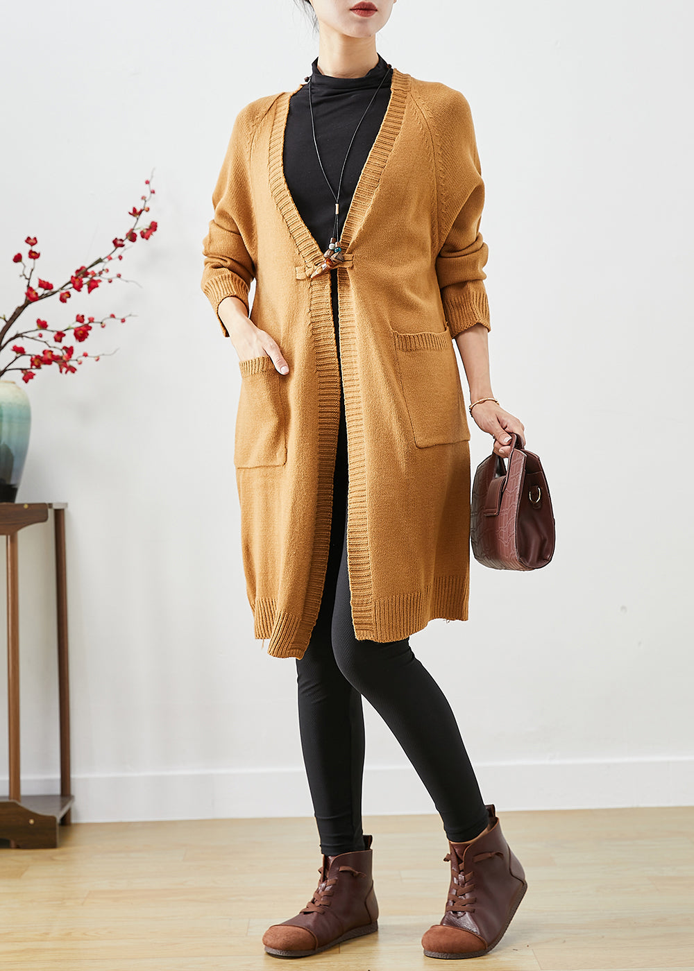 Khaki Oversized Pockets Knit Cardigan Fall