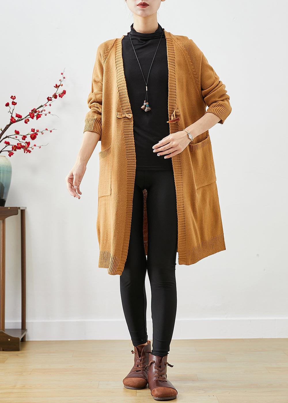 Khaki Oversized Pockets Knit Cardigan Fall