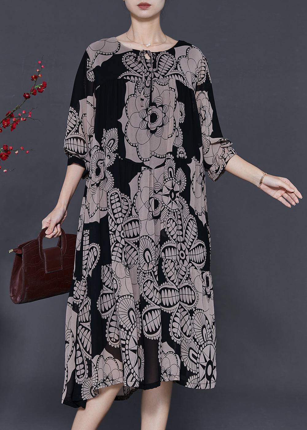 Khaki Oversized Print Chiffon Dresses Spring