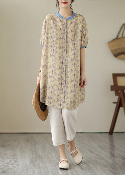 Khaki Oversized Print Linen Shirt Dress Summer