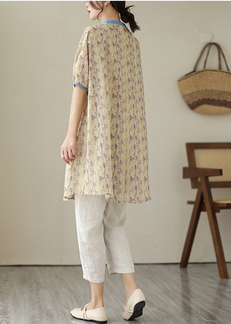 Khaki Oversized Print Linen Shirt Dress Summer