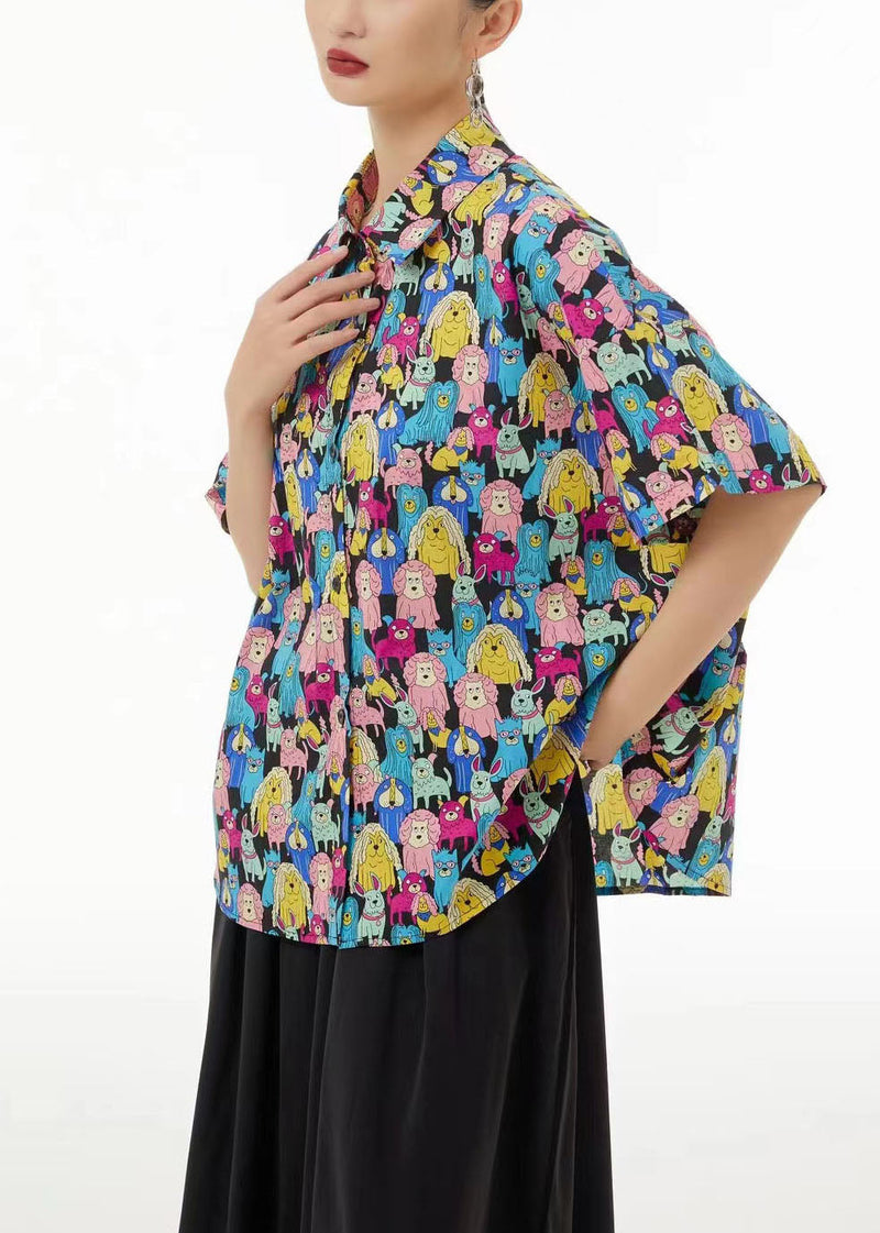 Khaki Peter Pan Collar Animal Print Cotton Blouses Summer