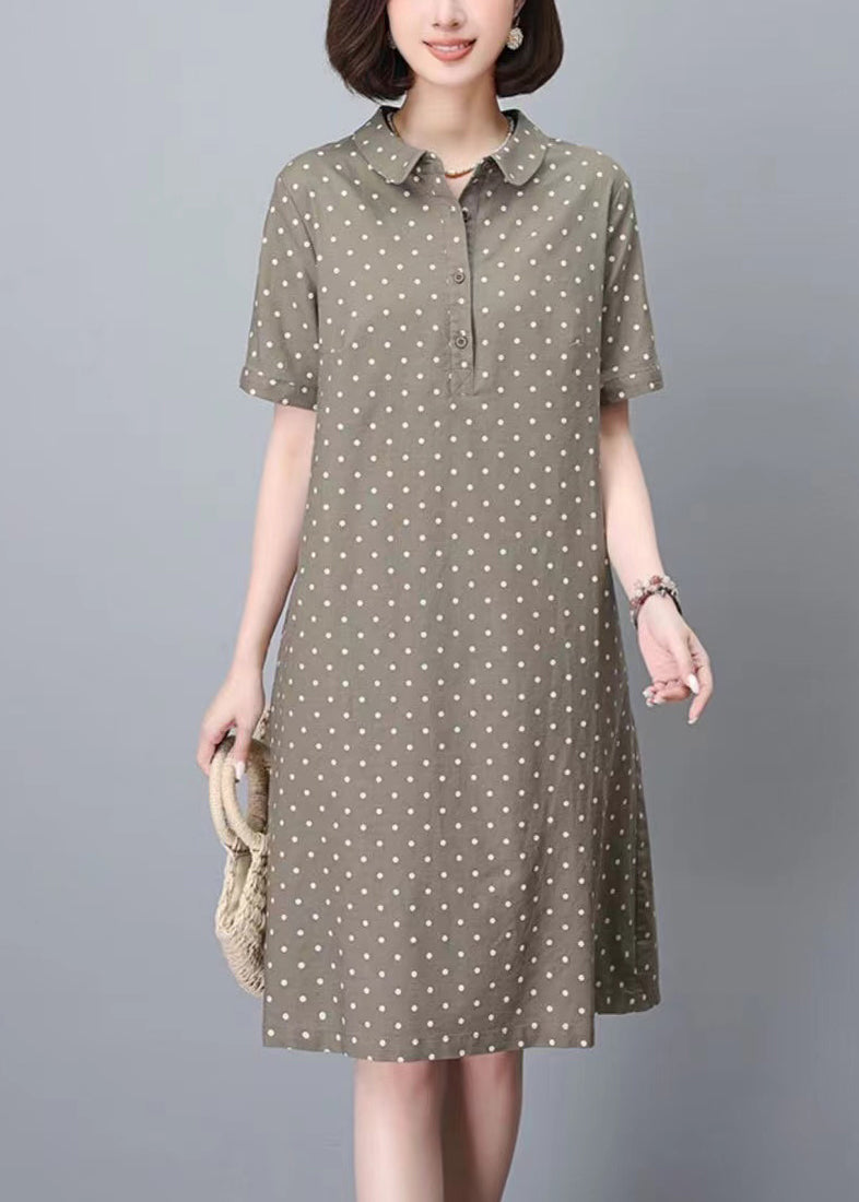 Khaki Peter Pan Collar Dot Print Work Dress Summer