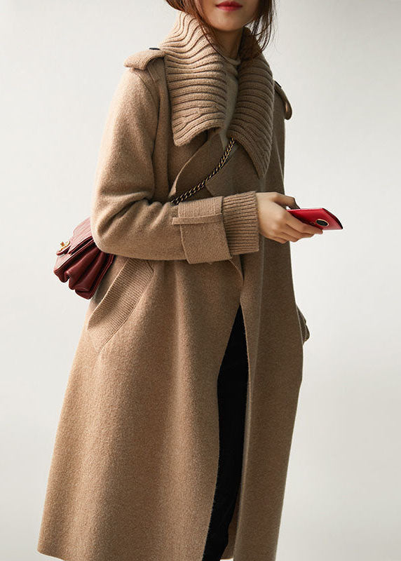 Khaki Peter Pan Collar Knit Patchwork Woolen Loose Cardigans Winter