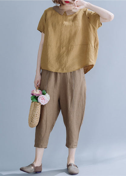 Khaki Peter Pan Collar Patchwork Linen Shirts Short Sleeve