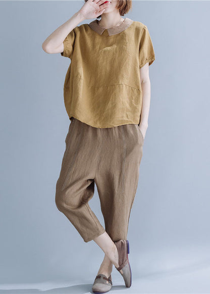 Khaki Peter Pan Collar Patchwork Linen Shirts Short Sleeve
