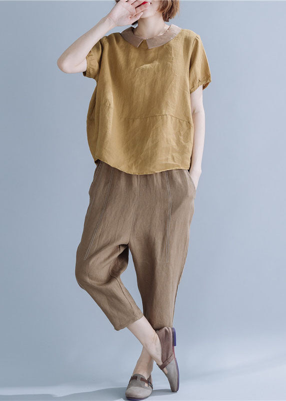 Khaki Peter Pan Collar Patchwork Linen Shirts Short Sleeve