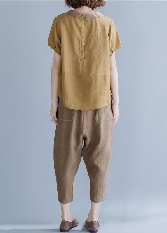 Khaki Peter Pan Collar Patchwork Linen Shirts Short Sleeve