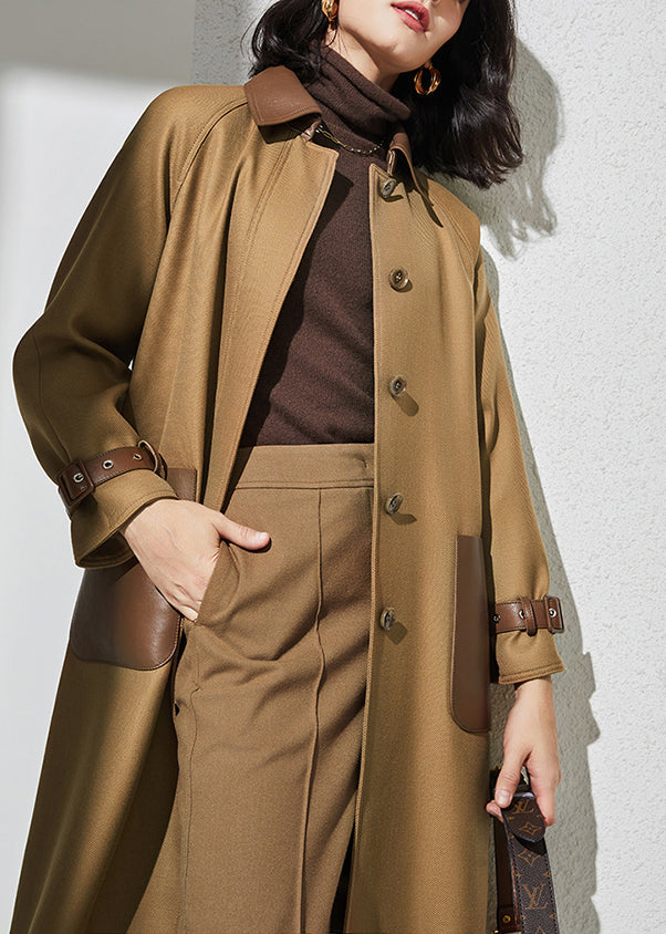 Khaki Peter Pan Collar Pockets Patchwork Button Wool Trench Coat Spring