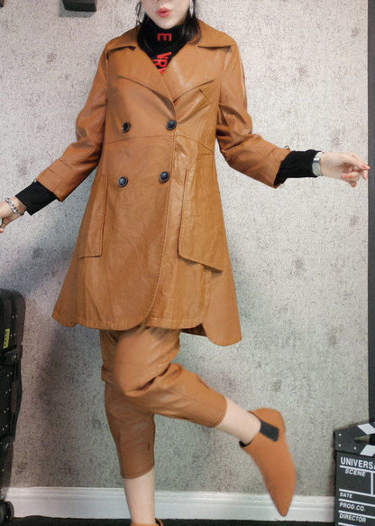 Khaki Peter Pan Collar Pockets Patchwork Faux Leather Trench Fall