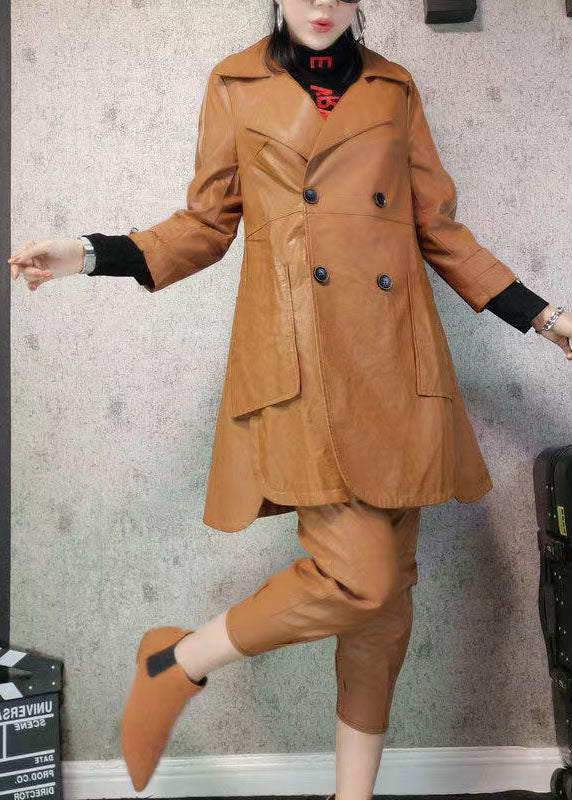 Khaki Peter Pan Collar Pockets Patchwork Faux Leather Trench Fall