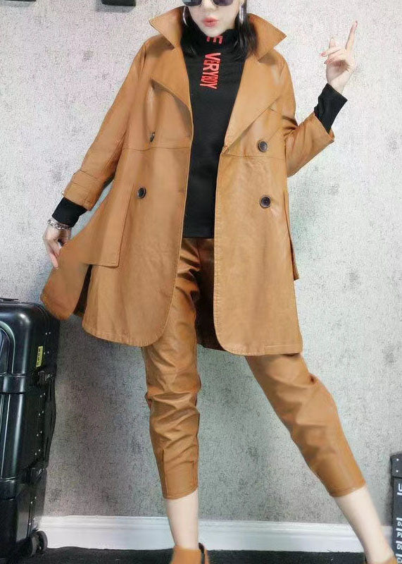 Khaki Peter Pan Collar Pockets Patchwork Faux Leather Trench Fall