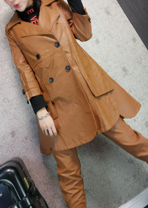 Khaki Peter Pan Collar Pockets Patchwork Faux Leather Trench Fall