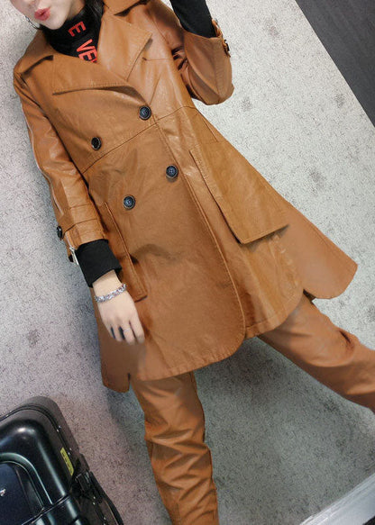Khaki Peter Pan Collar Pockets Patchwork Faux Leather Trench Fall