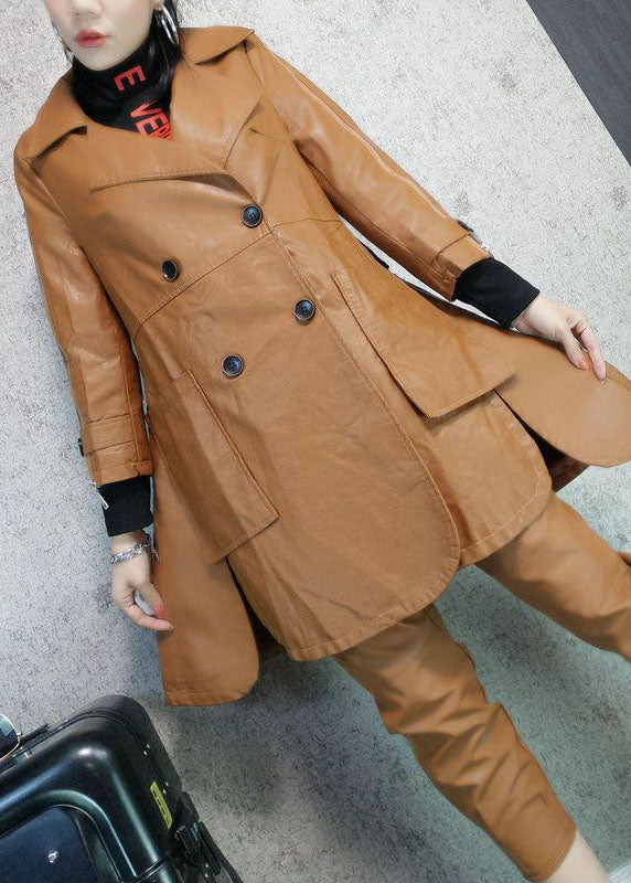 Khaki Peter Pan Collar Pockets Patchwork Faux Leather Trench Fall