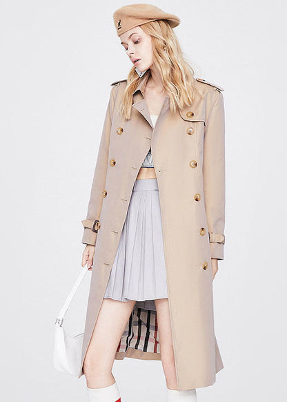 Khaki Peter Pan Collar Sashes Slim Fit Cotton Double Breast Coats Spring