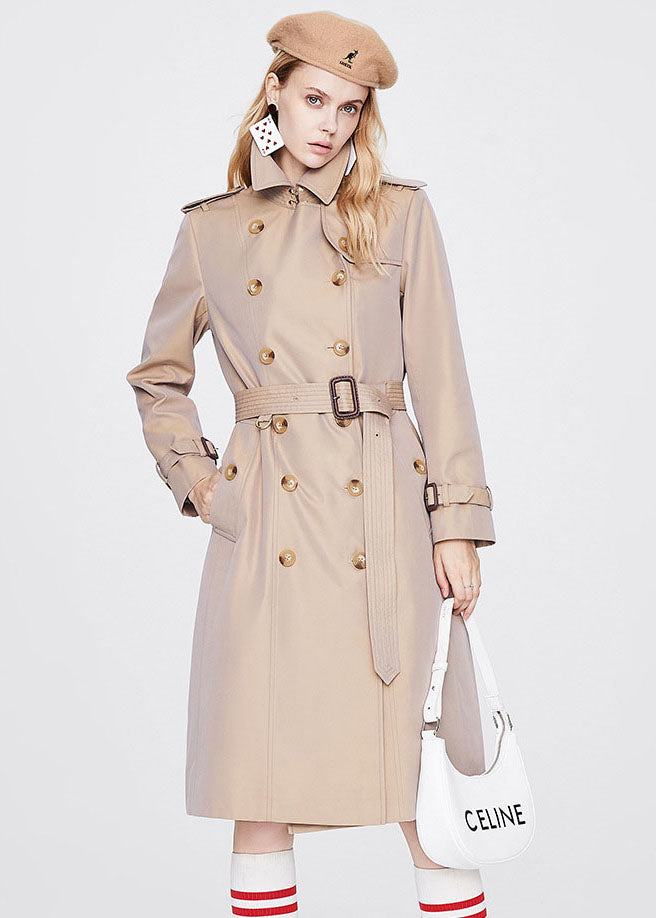 Khaki Peter Pan Collar Sashes Slim Fit Cotton Double Breast Coats Spring