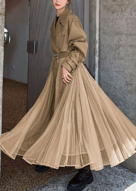 Khaki Peter Pan Collar Tulle Patchwork Cotton Trench Long Sleeve