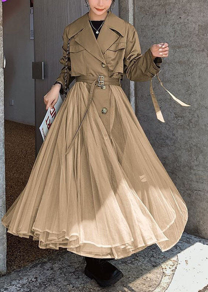 Khaki Peter Pan Collar Tulle Patchwork Cotton Trench Long Sleeve