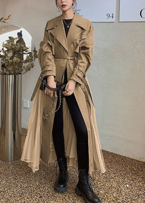 Khaki Peter Pan Collar Tulle Patchwork Cotton Trench Long Sleeve