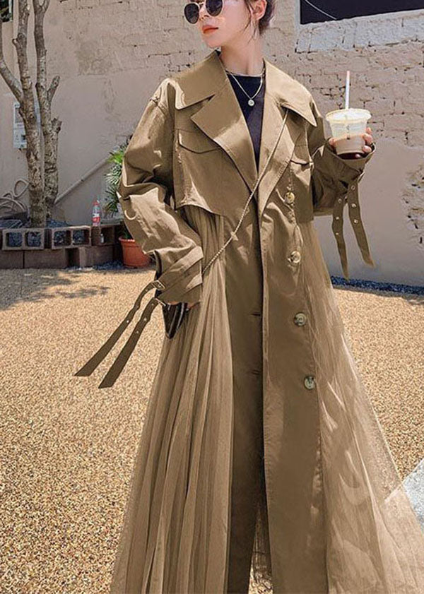 Khaki Peter Pan Collar Tulle Patchwork Cotton Trench Long Sleeve