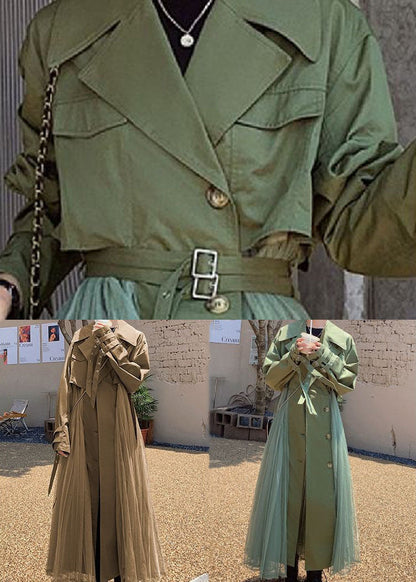 Khaki Peter Pan Collar Tulle Patchwork Cotton Trench Long Sleeve