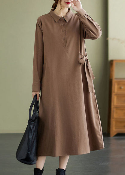 Khaki Peter Pan Collar Tie Waist Cotton Dresses Spring