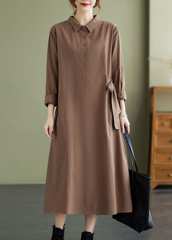 Khaki Peter Pan Collar Tie Waist Cotton Dresses Spring