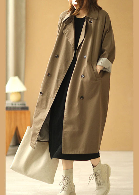 Khaki Peterpan Collar Pockets Button Fall Long Sleeve Trench