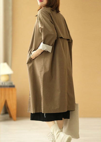 Khaki Peterpan Collar Pockets Button Fall Long Sleeve Trench