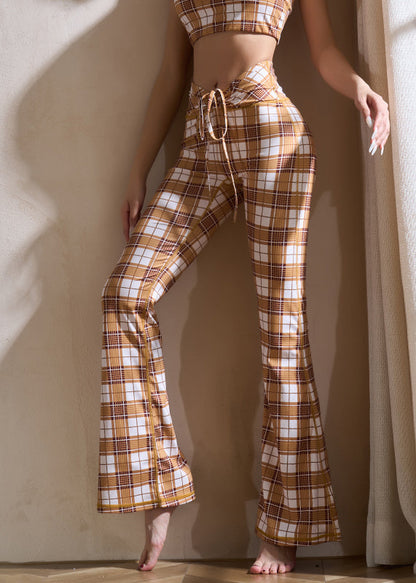 Khaki Plaid Tie Waist Cotton Yoga Flare Pants