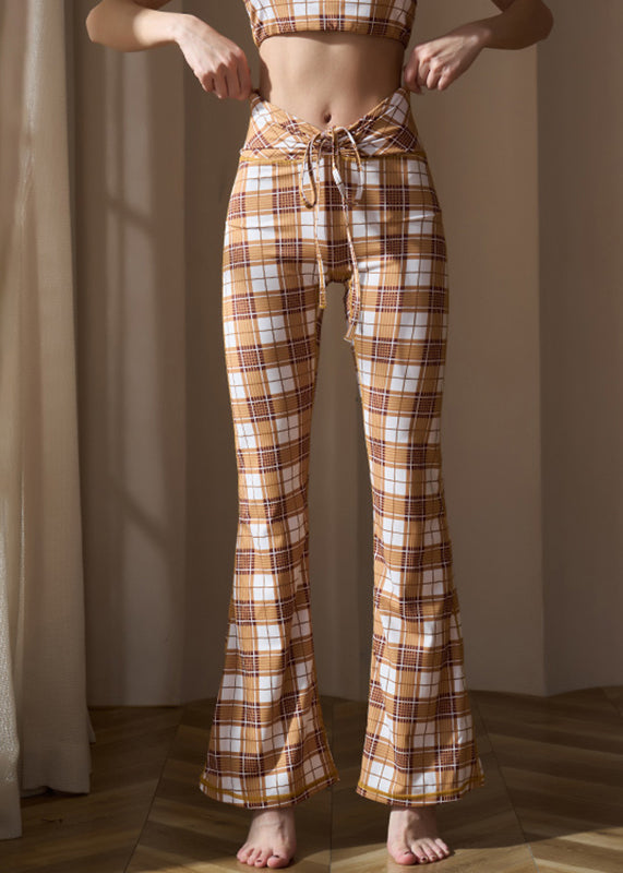 Khaki Plaid Tie Waist Cotton Yoga Flare Pants