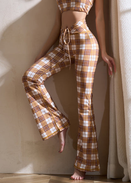 Khaki Plaid Tie Waist Cotton Yoga Flare Pants